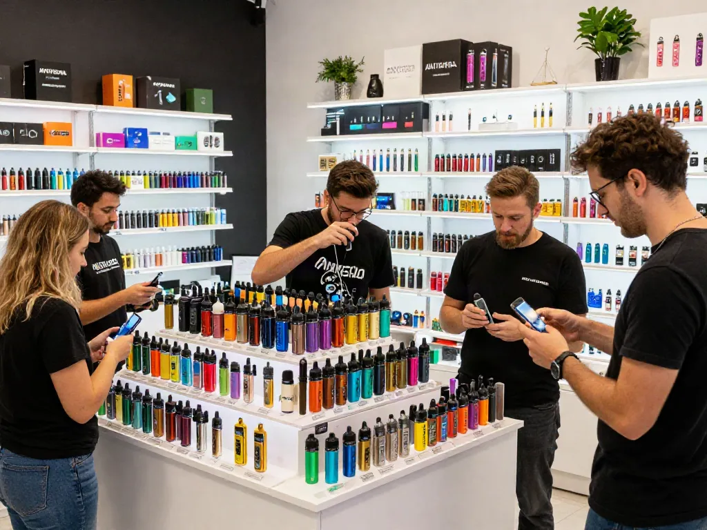 Are vapes banned in the UK? Customers exploring rechargeable vape options in a lively vape shop.